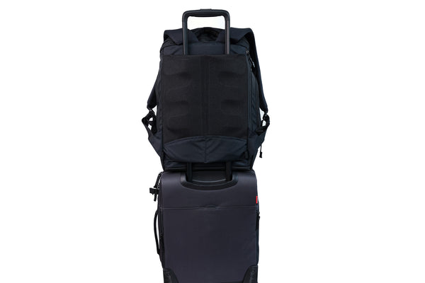 ^The Smart Alec 2.0 over the handle of a rollaboard bag.